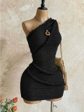 Summer Women's Textured Pleated One-Shoulder Side Lace-Up Bodycon Mini Dress