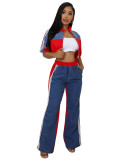 Women's Denim Contrast Color Stand Collar Zip Top & Wide Leg Pants Two-Piece Set