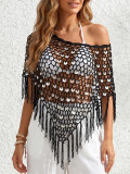 Women's Holidays Sequin Knit Triangle Fringe Slash Shoulder Shawl Top