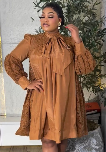 Summer Women's Plus Size Lace Patchwork Long Sleeve Midi Dress