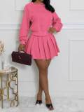 Women's Casual Long Sleeve Pullover Top & Ruched Mini Skirt Two-Piece Set