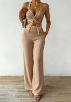 Summer Women's Knot Halter Neck Low Back Top & Pocket Wide Leg Pants Set Summer Women's Knot Halter Neck Low Back Top & Pocket Wide Leg Pants Set