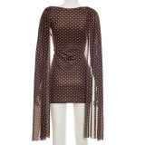 Spring/Summer Women's Polka Dot Print Mesh Cape Sleeve Ruched Bodycon Dress
