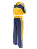 Women's Denim Contrast Color Stand Collar Zip Top & Wide Leg Pants Two-Piece Set