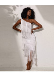 Women's Slash Shoulder Sequin Fringe See-Through Mesh Asymmetrical Midi Dress