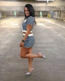 Women's Fashion Houndstooth Short Sleeve Tight Fitting Top & Shorts Set