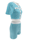 Women's Fashion Houndstooth Short Sleeve Tight Fitting Top & Shorts Set
