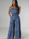 Women's Fashion Denim Elastic Waist Loose Strap Jumpsuit