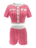 Women's Fashion Houndstooth Short Sleeve Tight Fitting Top & Shorts Set