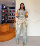 Summer Women's Casual Printed Stretch Mesh Long Sleeve Top & Denim Pants Two-Piece Set