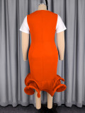 Women's Slim Fit Color Block Patchwork Short Sleeve Belted Mermaid Dress