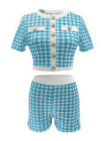 Women's Fashion Houndstooth Short Sleeve Tight Fitting Top & Shorts Set