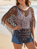 Women's Holidays Sequin Knit Triangle Fringe Slash Shoulder Shawl Top