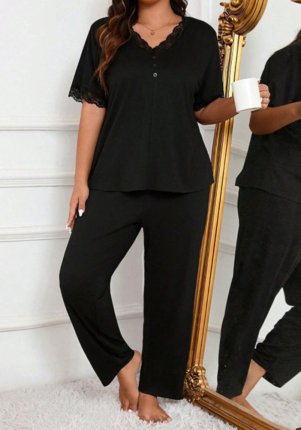 Women's Plus Size Casual V-Neck Lace Trim Button Pajama Set