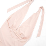 Summer Women's Halter Neck Lace-Up Low Back Patchwork Ruched Bodycon Dress
