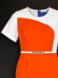Women's Slim Fit Color Block Patchwork Short Sleeve Belted Mermaid Dress