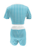Women's Fashion Houndstooth Short Sleeve Tight Fitting Top & Shorts Set