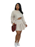 Women's Casual Long Sleeve Pullover Top & Ruched Mini Skirt Two-Piece Set
