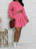 Women's Casual Long Sleeve Pullover Top & Ruched Mini Skirt Two-Piece Set