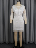 Women's Sexy White See-Through Beaded Fringe V-Neck Formal Party Dress