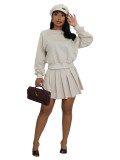 Women's Casual Long Sleeve Pullover Top & Ruched Mini Skirt Two-Piece Set