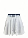 Summer Women's Turndown Collar Zip Tight Fitting Top & Pleated Skort Two-Piece Set