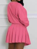 Women's Casual Long Sleeve Pullover Top & Ruched Mini Skirt Two-Piece Set
