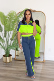 Women's Denim Contrast Color Stand Collar Zip Top & Wide Leg Pants Two-Piece Set