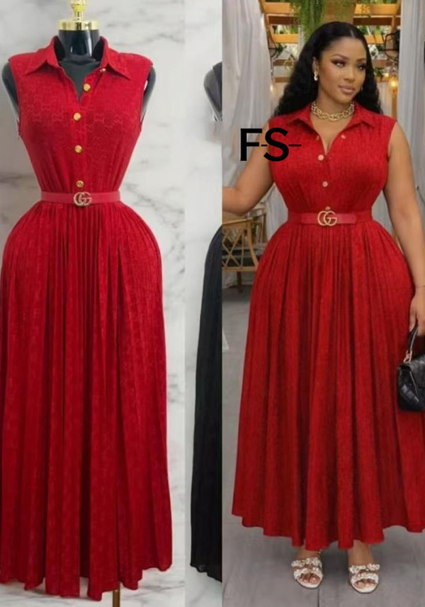 Summer Women's Plus Size Sleeveless Shirt Dress with Embossed Pleated Slim Waist Flared Dress