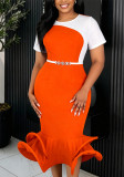 Women's Slim Fit Color Block Patchwork Short Sleeve Belted Mermaid Dress