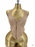 Summer Women's Knot Halter Neck Low Back Top & Pocket Wide Leg Pants Set