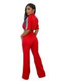 Women's Denim Contrast Color Stand Collar Zip Top & Wide Leg Pants Two-Piece Set
