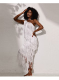 Women's Slash Shoulder Sequin Fringe See-Through Mesh Asymmetrical Midi Dress