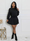 Women's Casual Long Sleeve Pullover Top & Ruched Mini Skirt Two-Piece Set