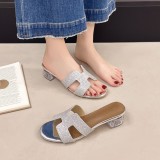 Women's Outdoor Wear Rhinestone Crystal Strap Block Heel Slide Sandals