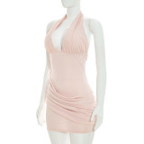 Summer Women's Halter Neck Lace-Up Low Back Patchwork Ruched Bodycon Dress