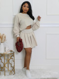 Women's Casual Long Sleeve Pullover Top & Ruched Mini Skirt Two-Piece Set