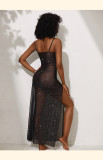 Women's Sexy Sequin See-Through Mesh V-Neck High Slit Strap Maxi Dress