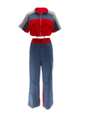 Women's Denim Contrast Color Stand Collar Zip Top & Wide Leg Pants Two-Piece Set