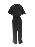 Women's Denim Contrast Color Stand Collar Zip Top & Wide Leg Pants Two-Piece Set