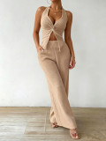 Summer Women's Knot Halter Neck Low Back Top & Pocket Wide Leg Pants Set