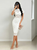 Summer Women's Chic Lace High Waist Slim Fit Short Sleeve Hollow Slit Dress
