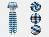 Women's Striped Round Neck Cropped T-Shirt & High Waist Wide Leg Pants Two-Piece Set