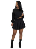 Women's Casual Long Sleeve Pullover Top & Ruched Mini Skirt Two-Piece Set