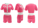 Women's Fashion Houndstooth Short Sleeve Tight Fitting Top & Shorts Set
