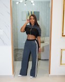 Women's Denim Contrast Color Stand Collar Zip Top & Wide Leg Pants Two-Piece Set