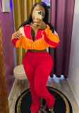 Women's Contrast Color Stand Collar Zip Sportswear Set
