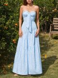 Women Strapless Bow Lace-Up Sexy Backless Pleated Printed Maxi Dress