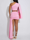 Women Summer Sexy Irregular Ribbon Slash Shoulder Top and Skirt Two-Piece Set