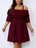 Plus Size Women Burgundy Off-Shoulder Ruffle Half-Sleeve Mini Dress